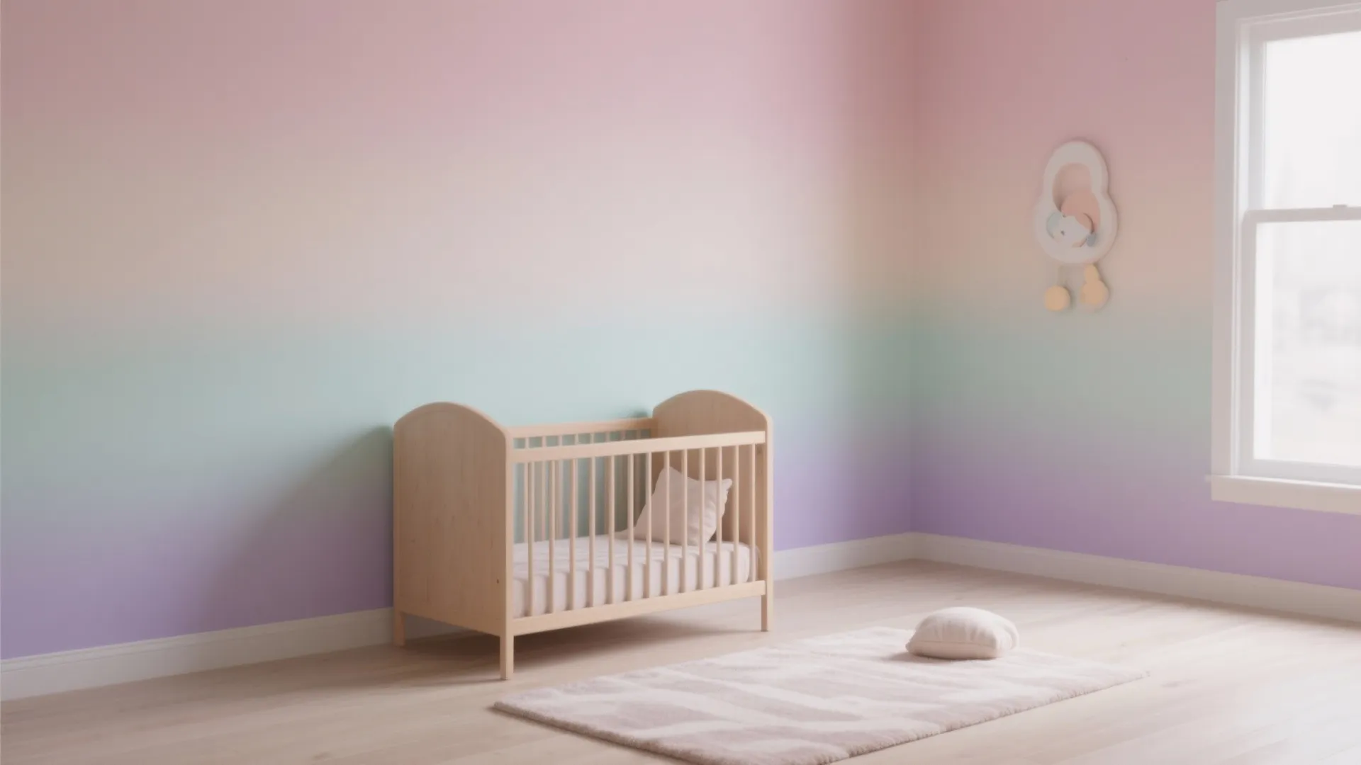 Nursery with a floor-to-ceiling pastel ombre accent wall blending blush, mint, and lavender tones.