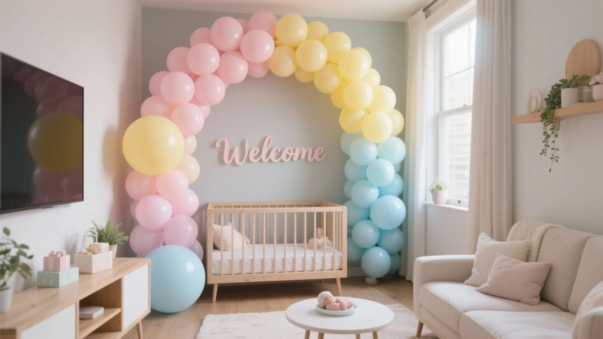 Baby nursery room with pastel balloon arch wooden crib white sofa and soft area rug