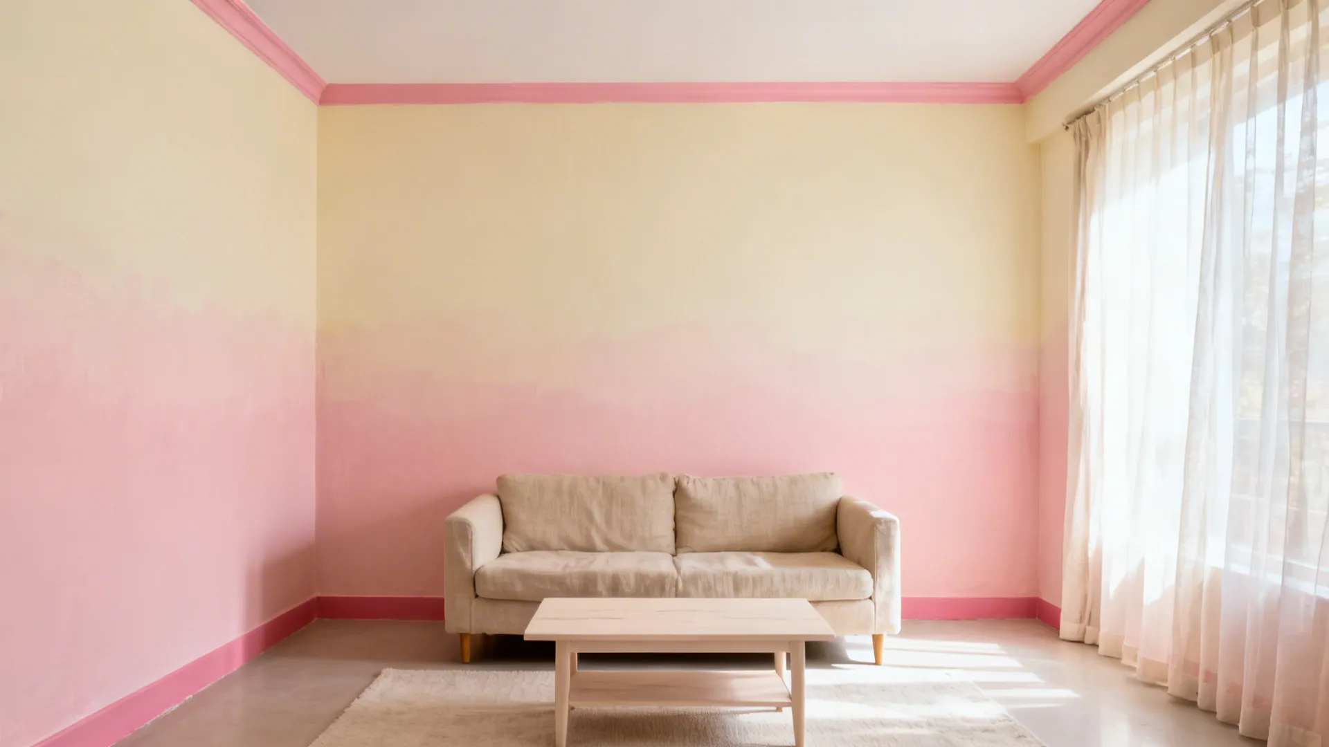 Small Indian living room with a blush-to-vanilla vertical ombre wall that makes the ceiling feel higher.