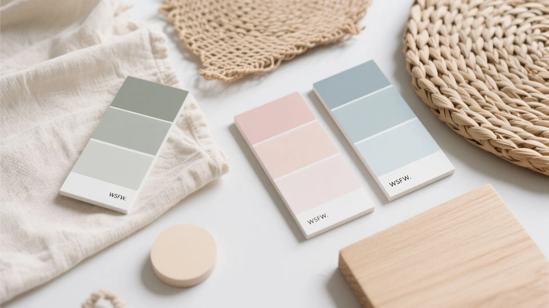 Flatlay of smoke-sage, blush, and sky pastel paint swatches with natural textures.