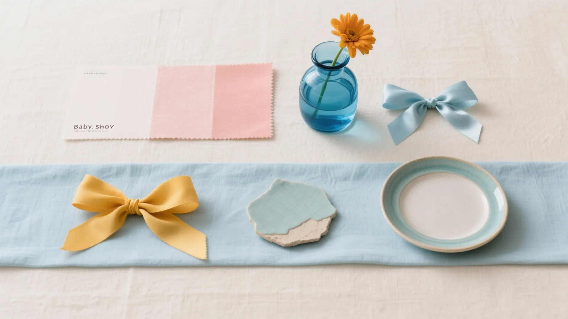 Interior design flatlay with pink fabric samples blue vase yellow bow and small ceramic plate