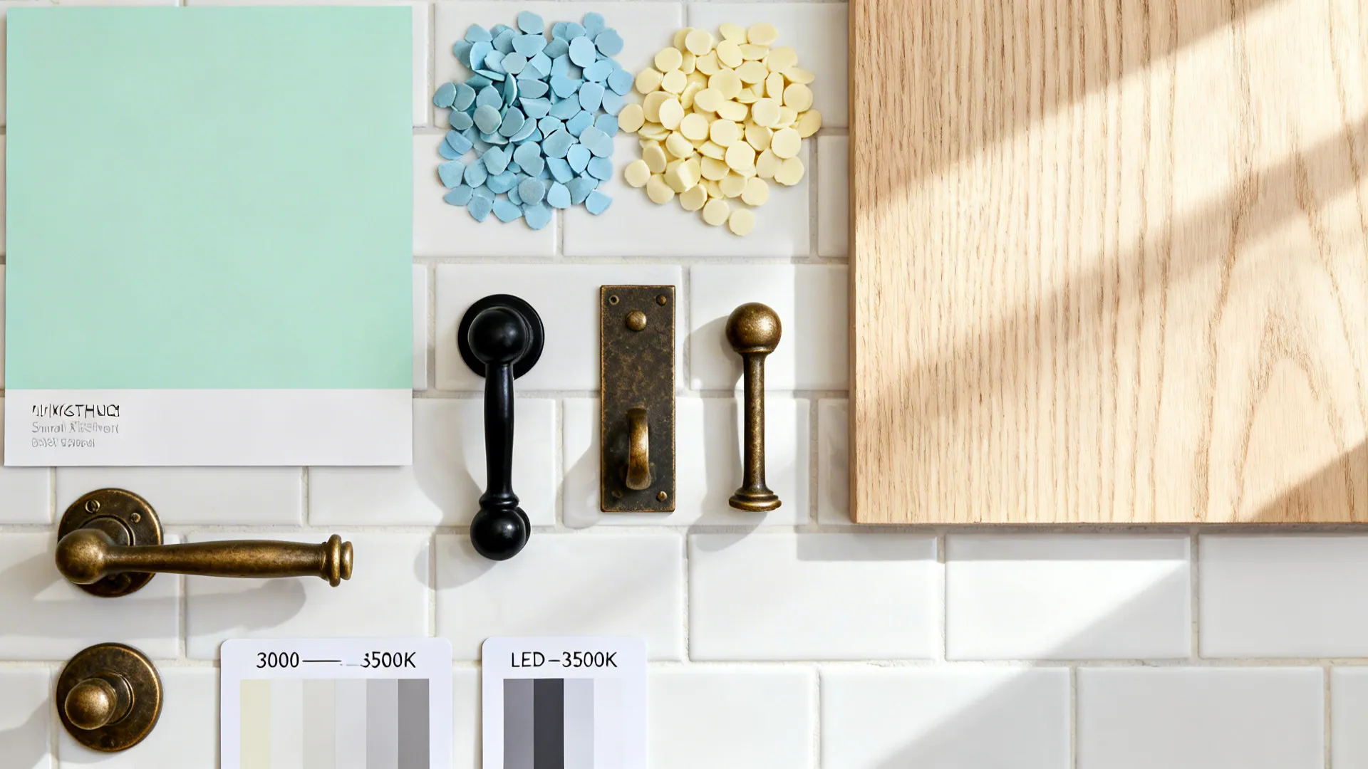 Flat lay with pastel paint chips, oak veneer, white tile, and dark hardware under soft daylight.