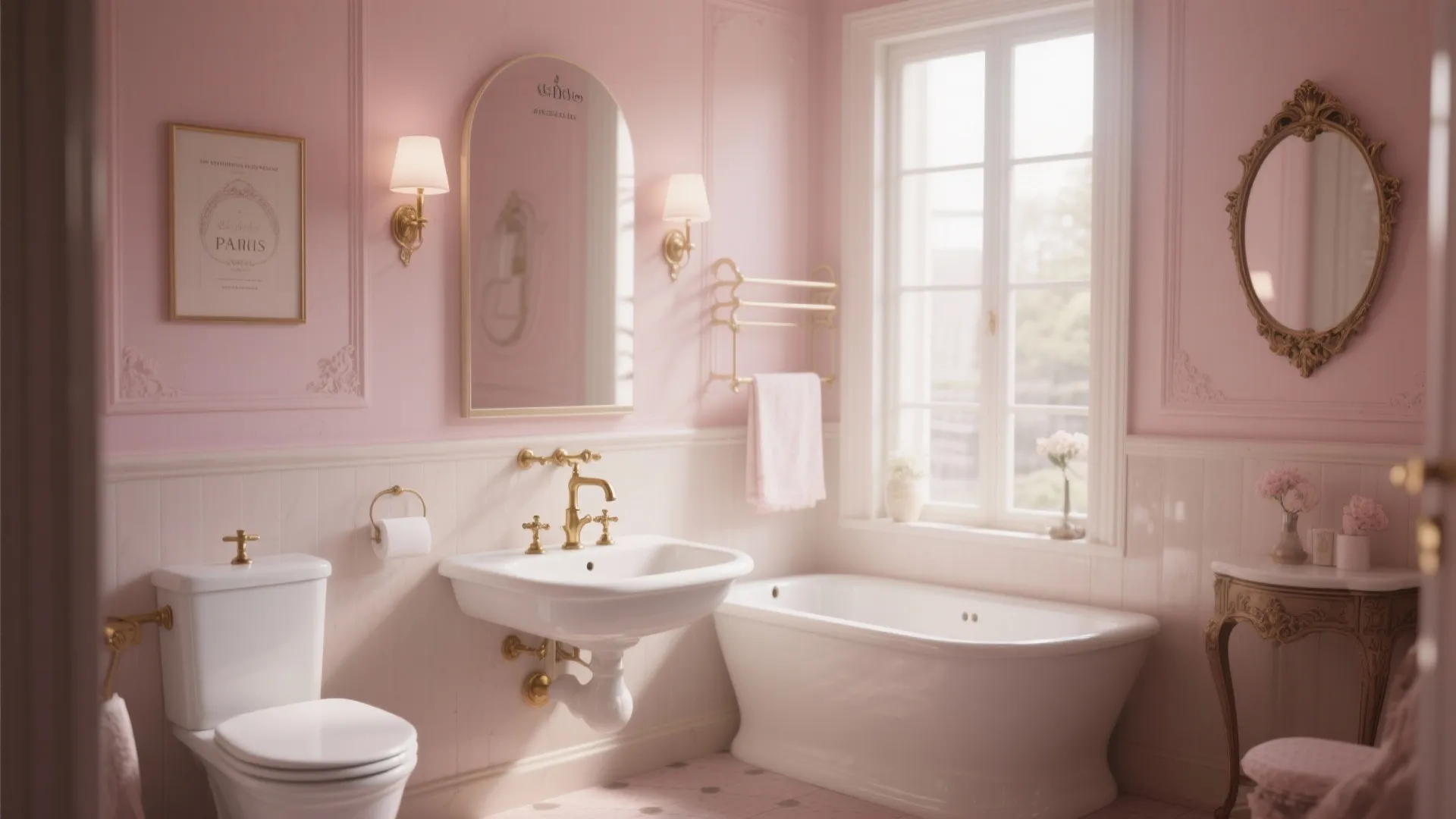 Elegant pink bathroom featuring white bathtub white sink toilet gold wall lights and large window
