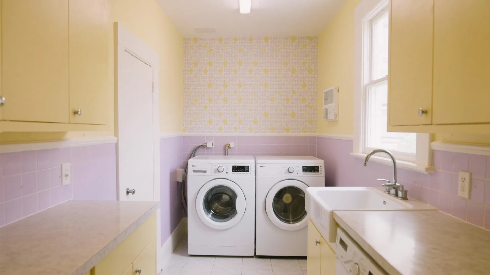 Laundry room with yellow walls purple tiles white washing machines and light yellow wooden storage cabinets