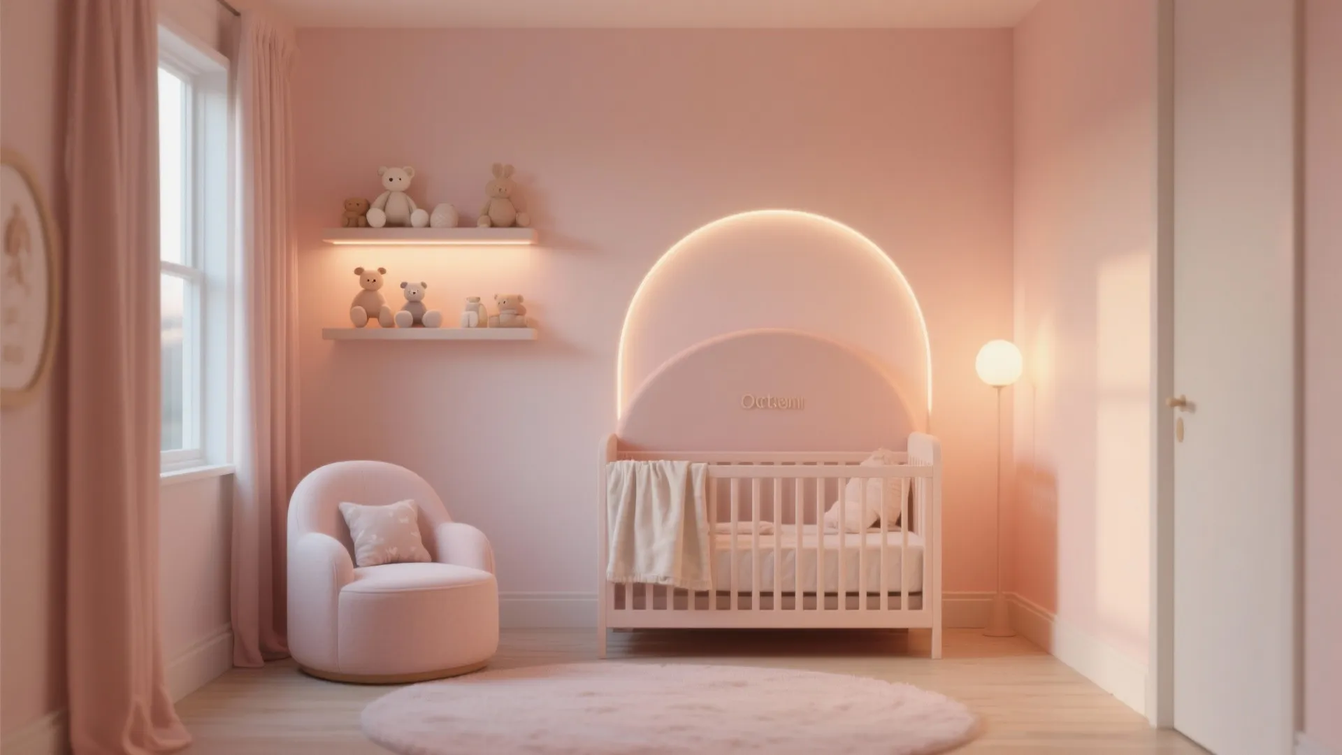 Pastel pink nursery room with white crib light arch pink chair and round pink rug