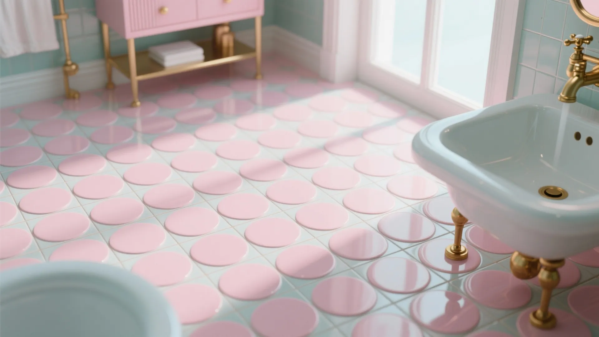 Pastel pink round floor tiles in a bright bathroom with white bathtub and gold faucet