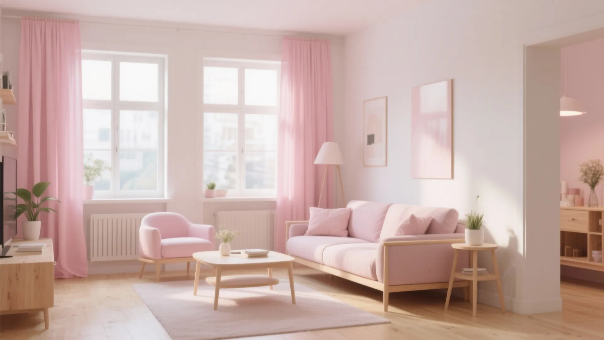 Pastel pink living room with soft sofa armchair coffee table wooden floor and matching curtains