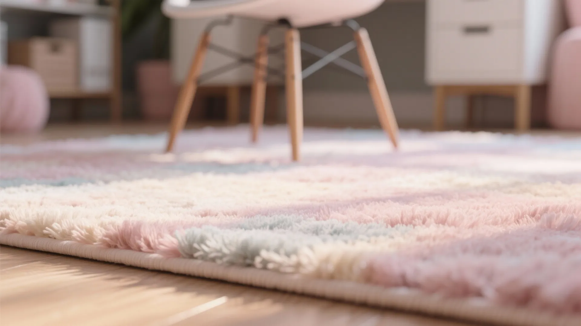 Close up of a soft pink blue and white plush rug on a wooden floor surface