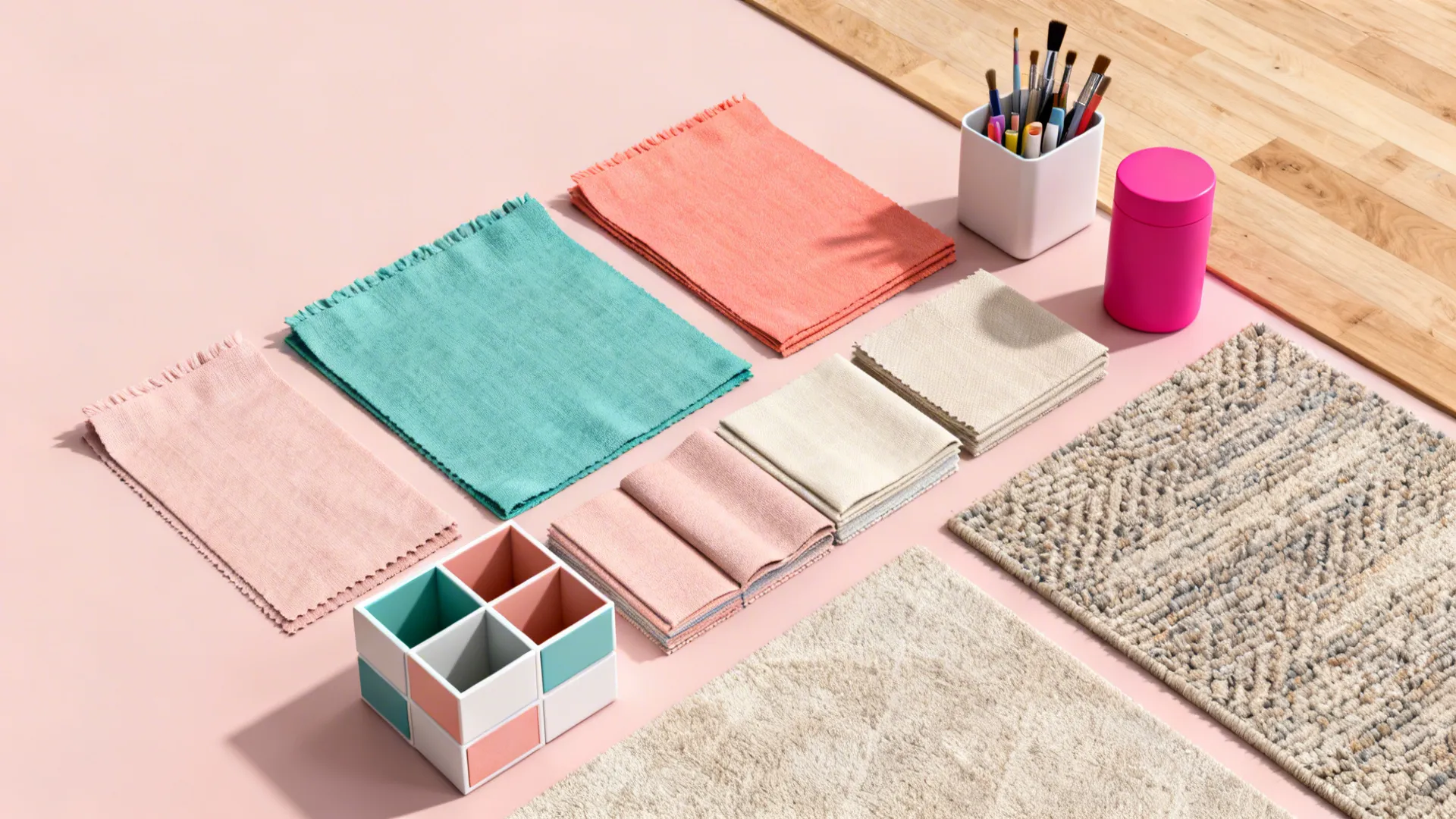Flatlay of pastel color swatches, modular storage samples and art supplies for a creative studio.