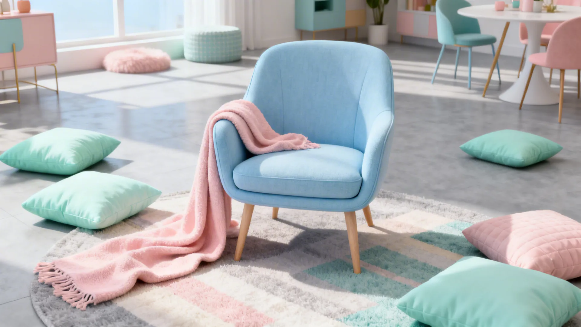 Blue chair with pink blanket on rug with colorful pillows in bright modern living room