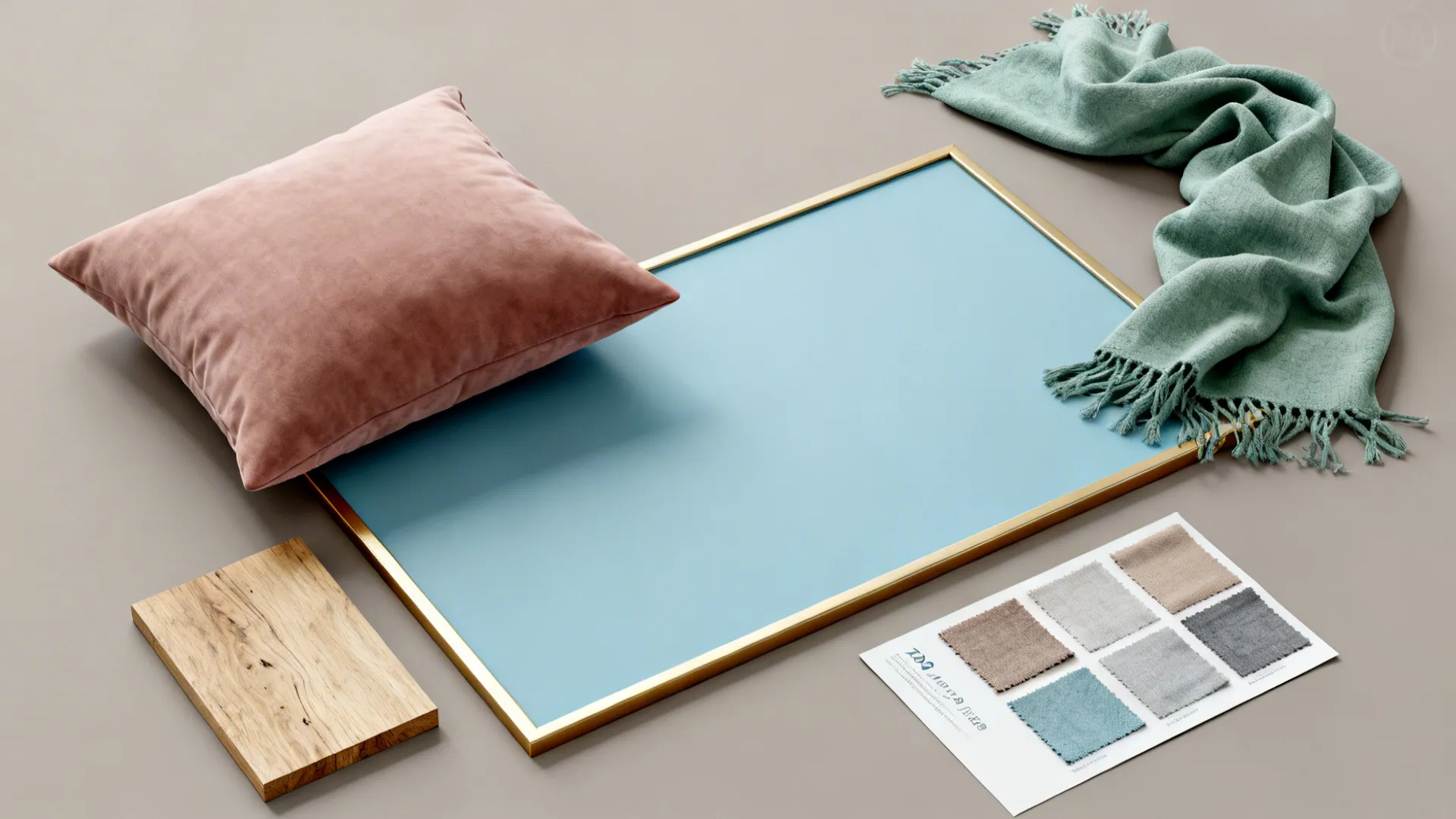Flatlay of dusty pink and sage accent pieces on a taupe-grey fabric background with material swatches.