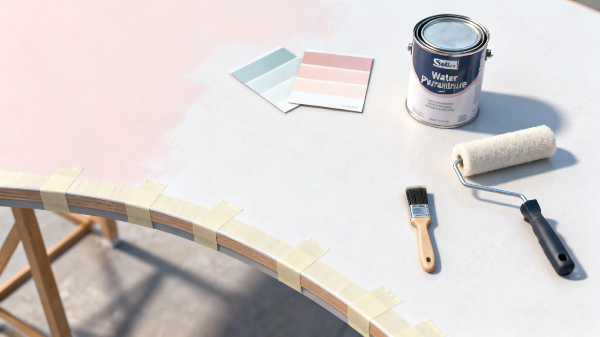 Top-down flatlay of masking tape, pastel swatches, and clear coat for a color-blocked tabletop.