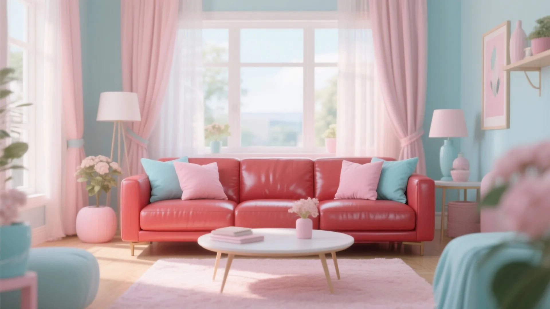 Red sofa with soft pastel decor in a bright room