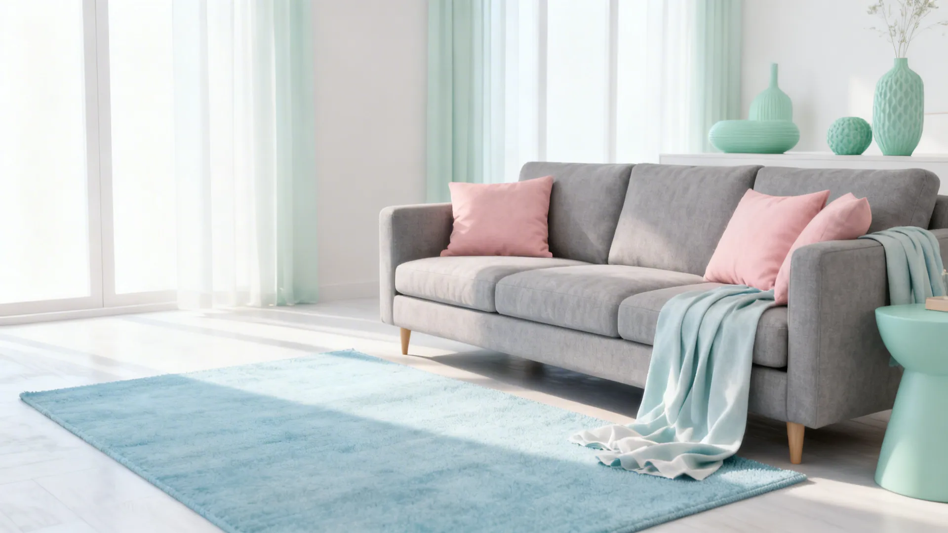 Grey sofa with blush pink cushions and a pale blue rug in a bright, airy apartment.
