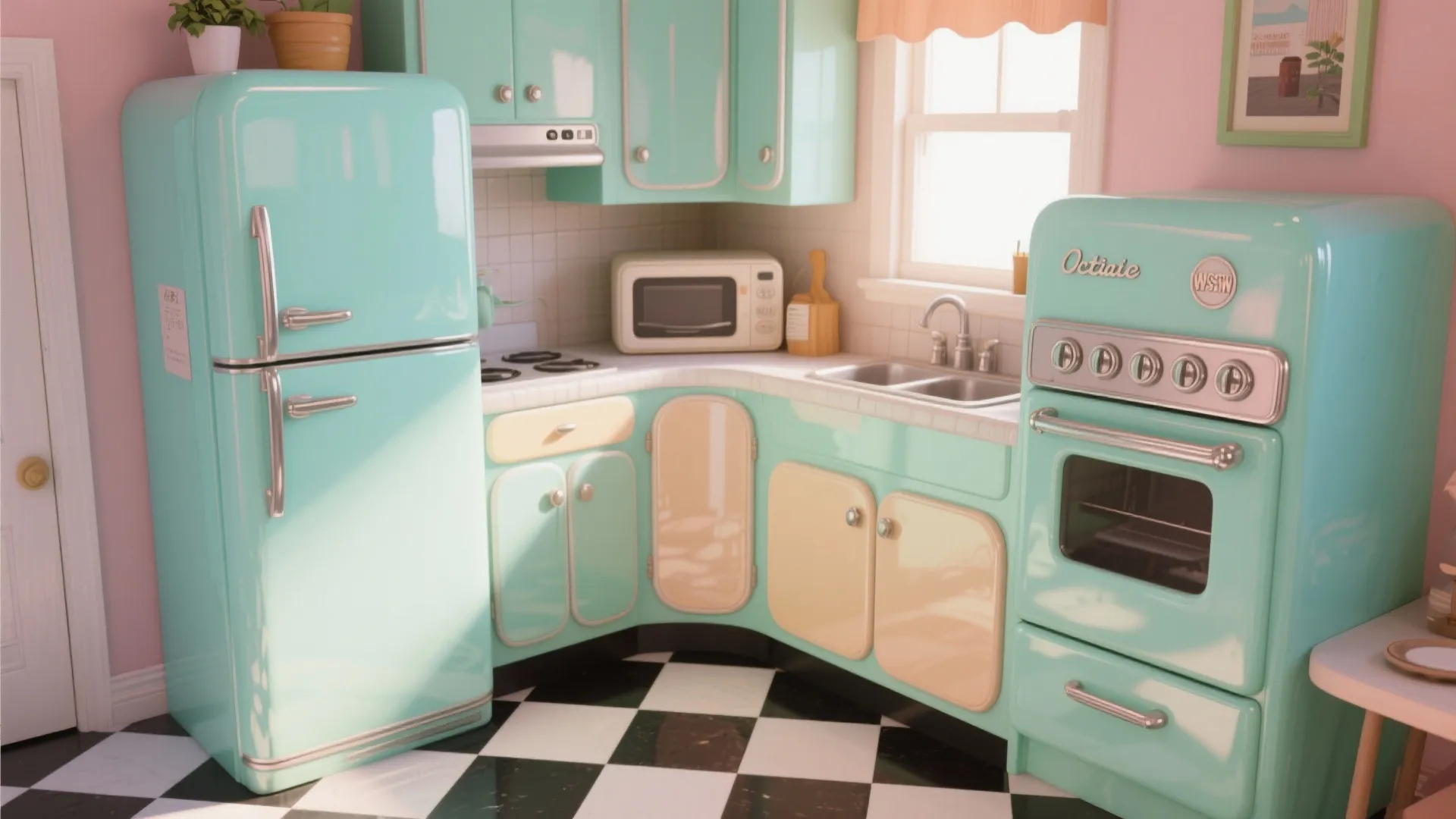 Retro mint green kitchen with checkered floor tiles light pink walls and vintage style home appliances