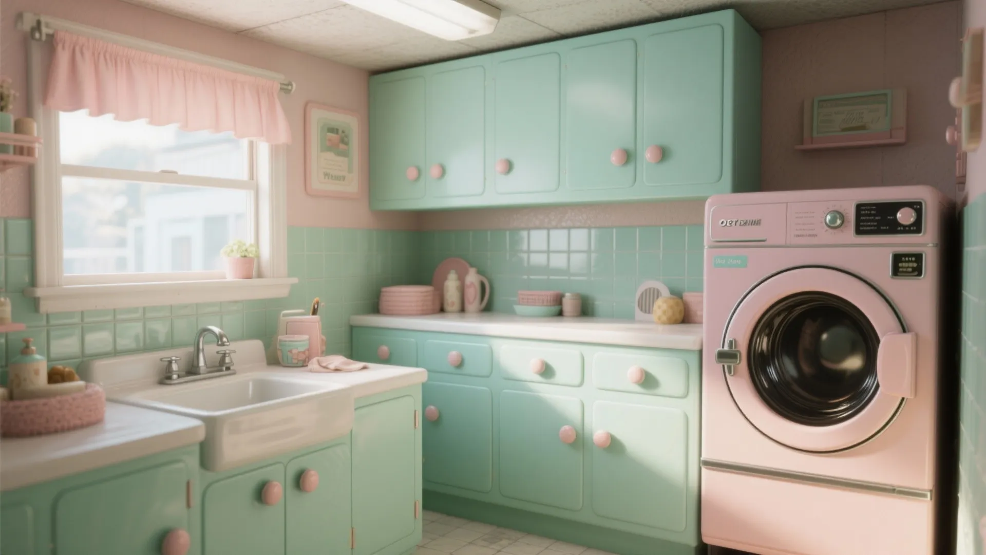 Retro laundry room design with mint green cabinets pink washing machine white sink and pink curtain