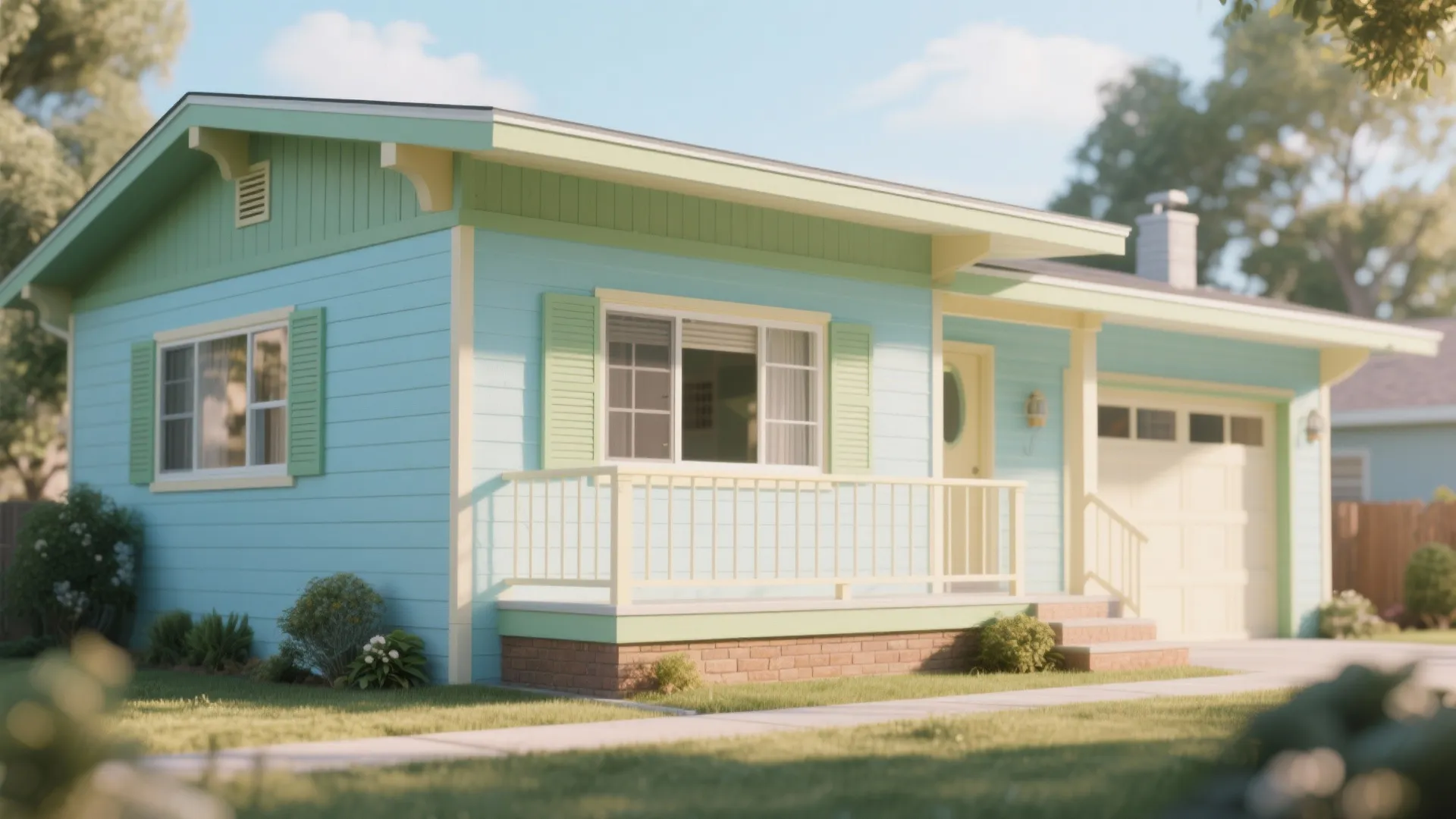 Light blue single story house with green trim yellow door and a small front porch