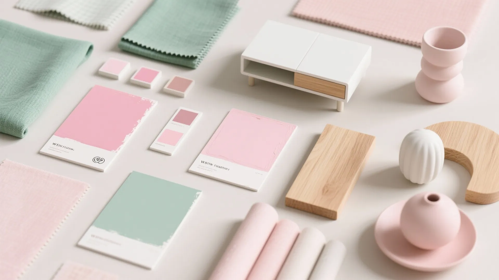 Interior design mood board with pink and green fabric samples wood blocks and color paint cards
