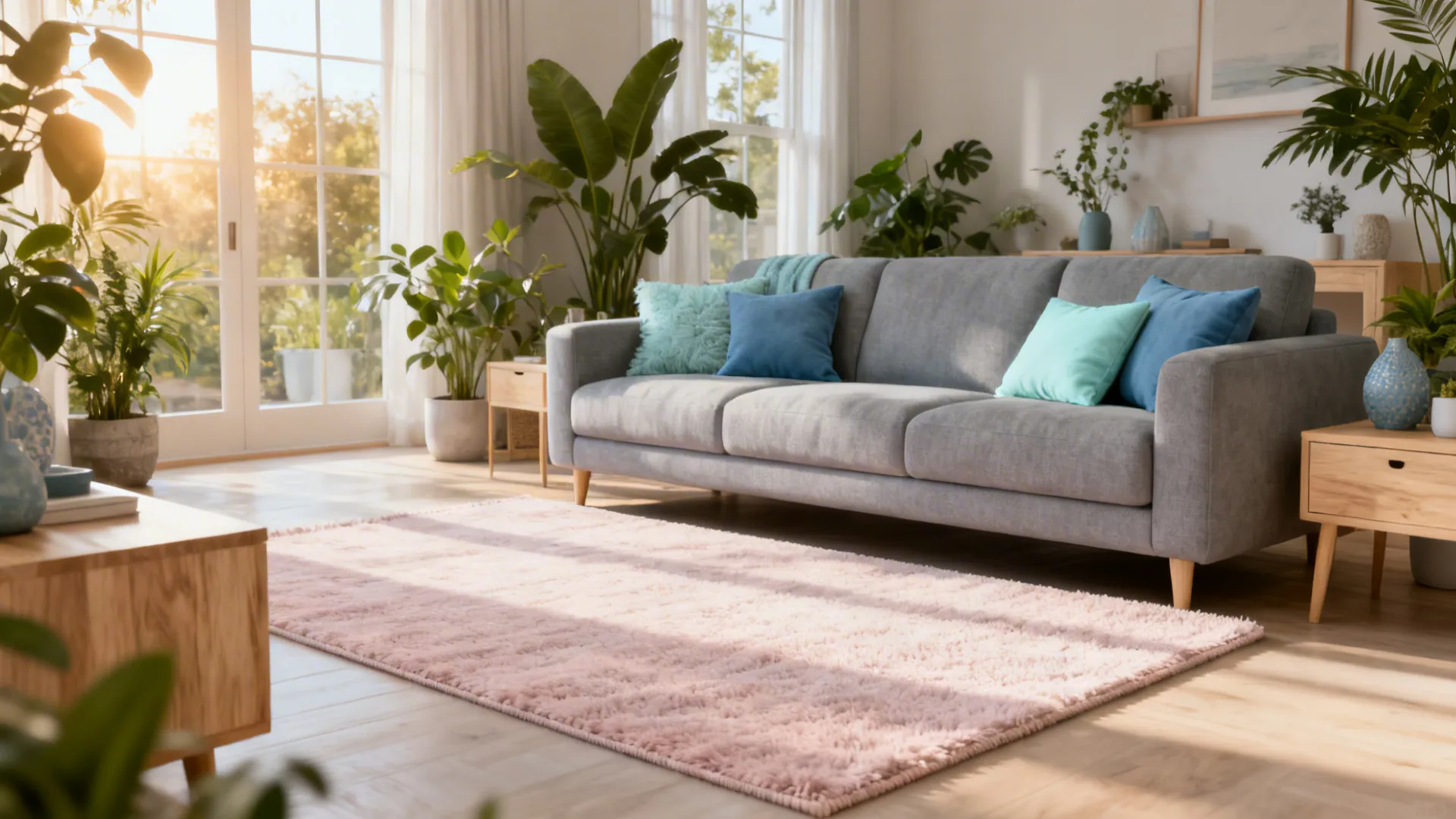Grey sofa brightened by a pale blush pastel rug with dusty blue accents and natural light.