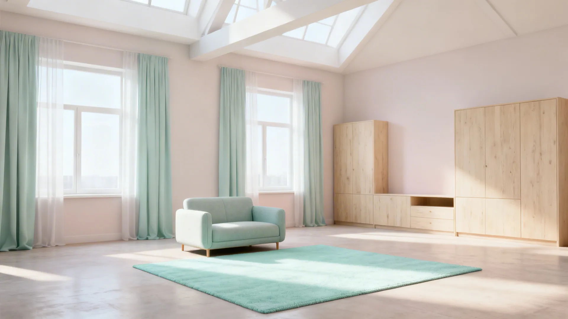 Airy studio brightened by a muted mint pastel rug and light furnishings