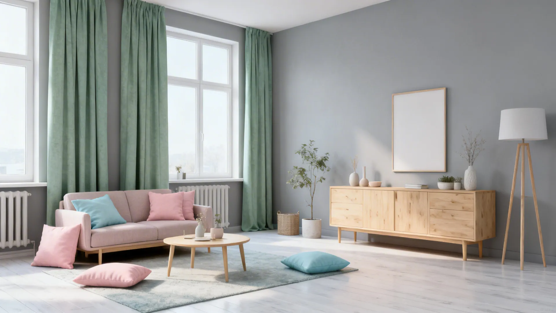 Muted sage curtains on grey walls in a Scandinavian-style living room with light wood furniture