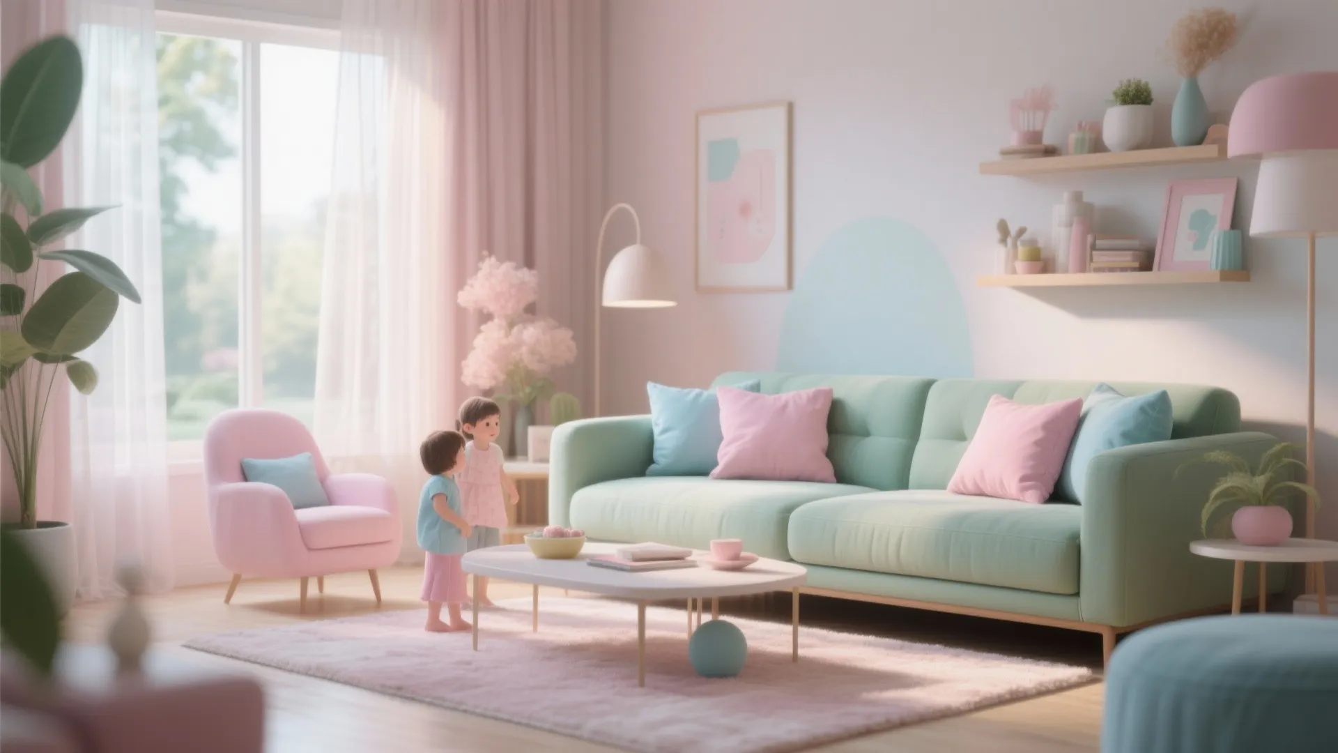 Pastel living room featuring mint green sofa pink armchair white coffee table and light curtains