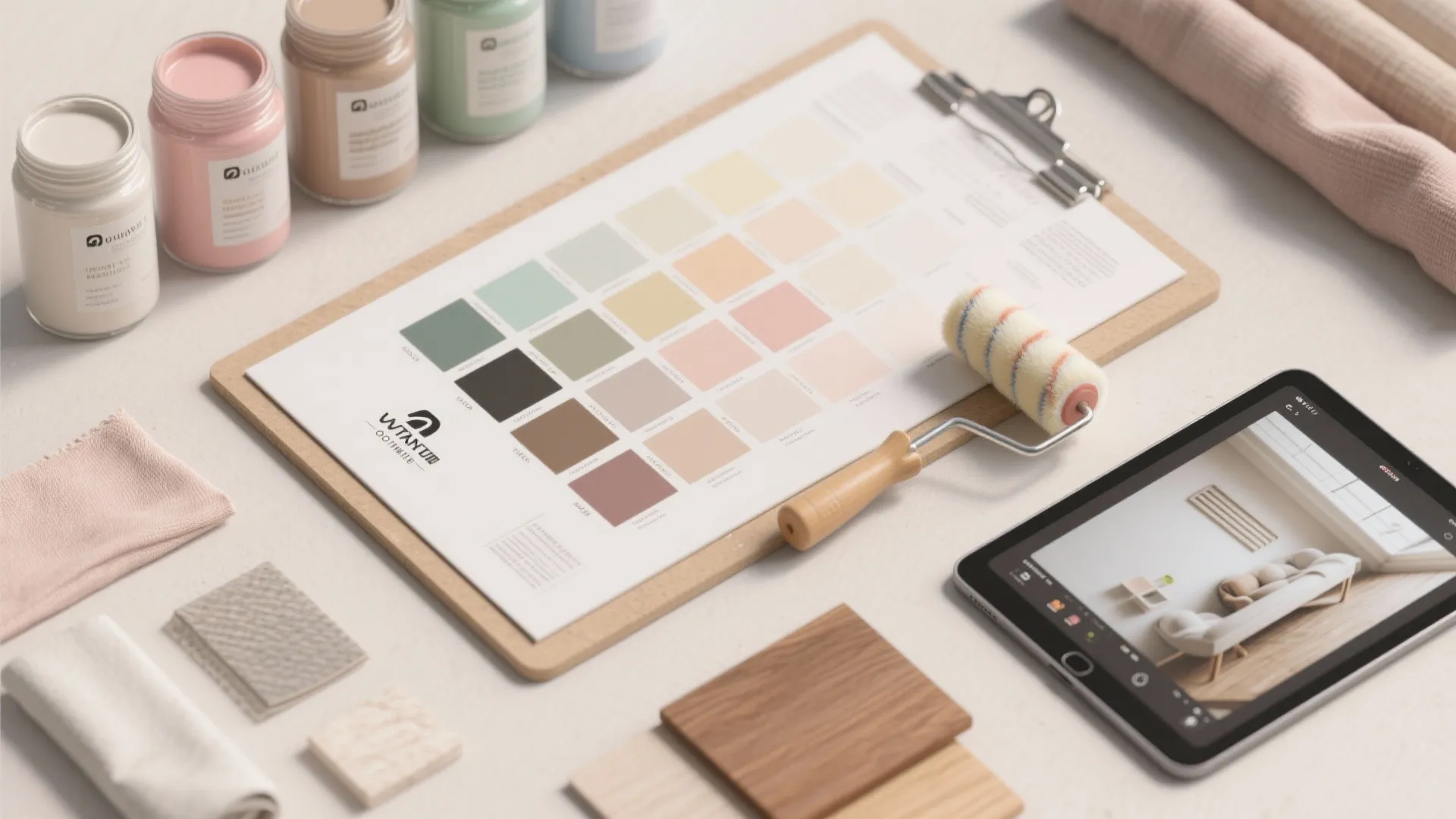 Flat lay of paint jars, color palette, small roller, wood samples, fabric, and digital tablet