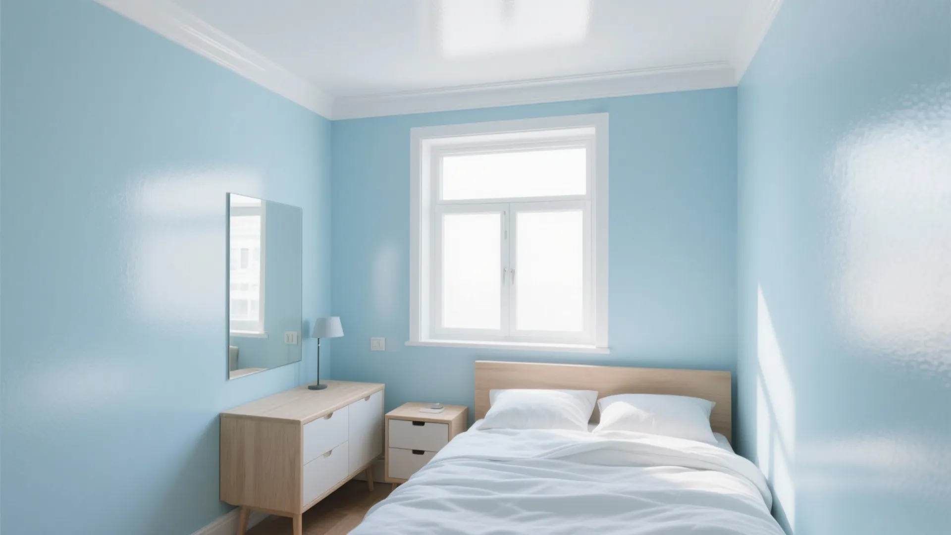Small bedroom with light blue walls white bed wooden cabinet table lamp and bright window