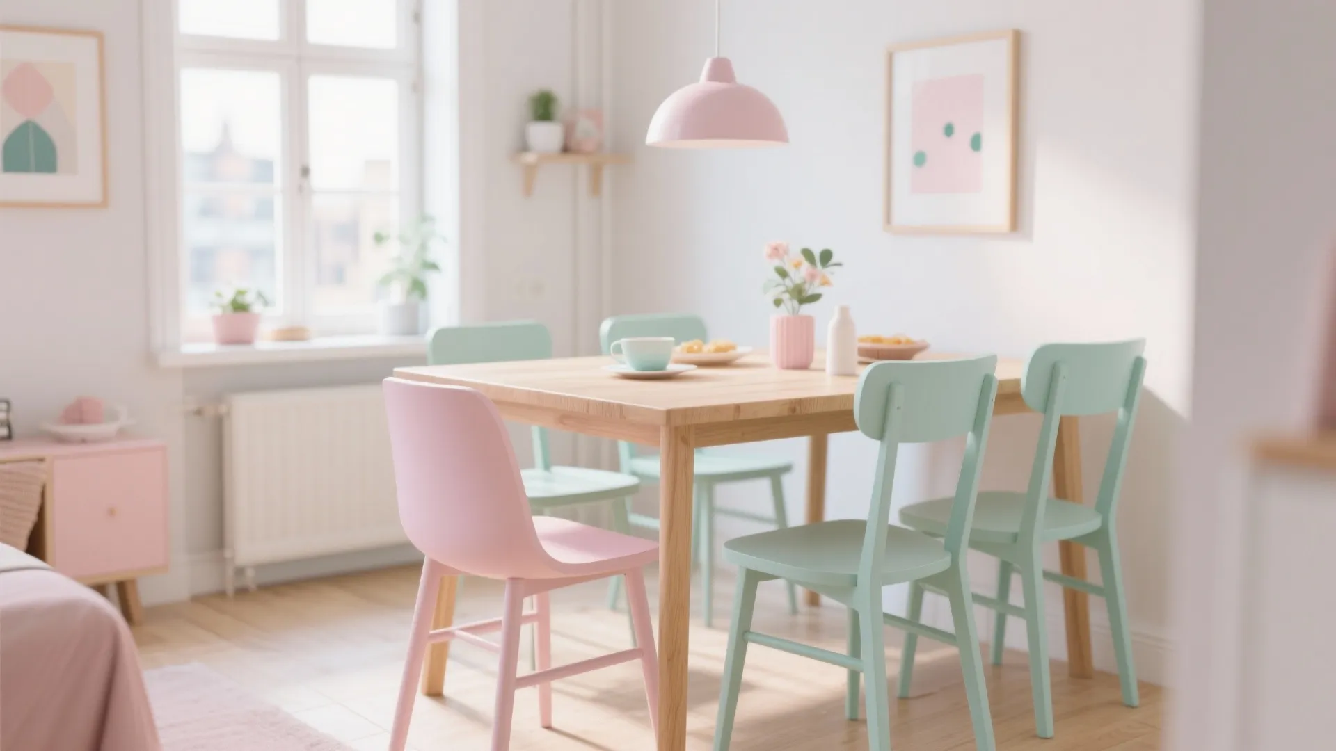 Pastel blush and mint chairs with natural wood table in airy Scandinavian dining room