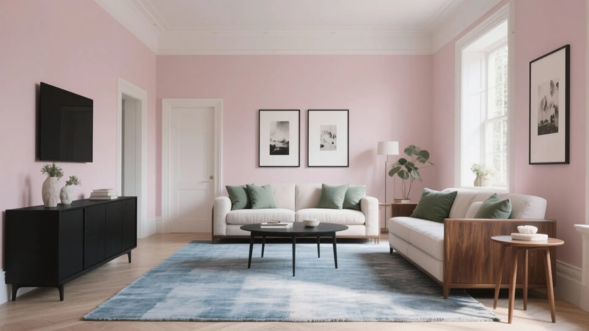 Modern pink living room with white sofas, blue rug, black cabinet, and green throw pillows