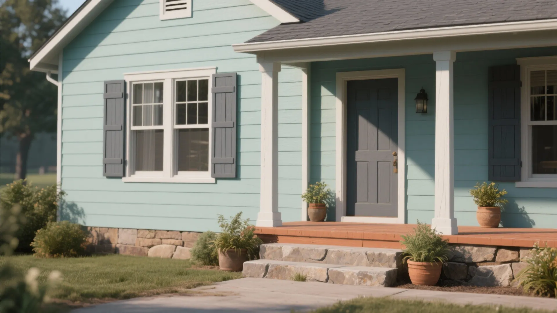 Light blue house with dark blue door, white porch pillars, stone steps, and green plants