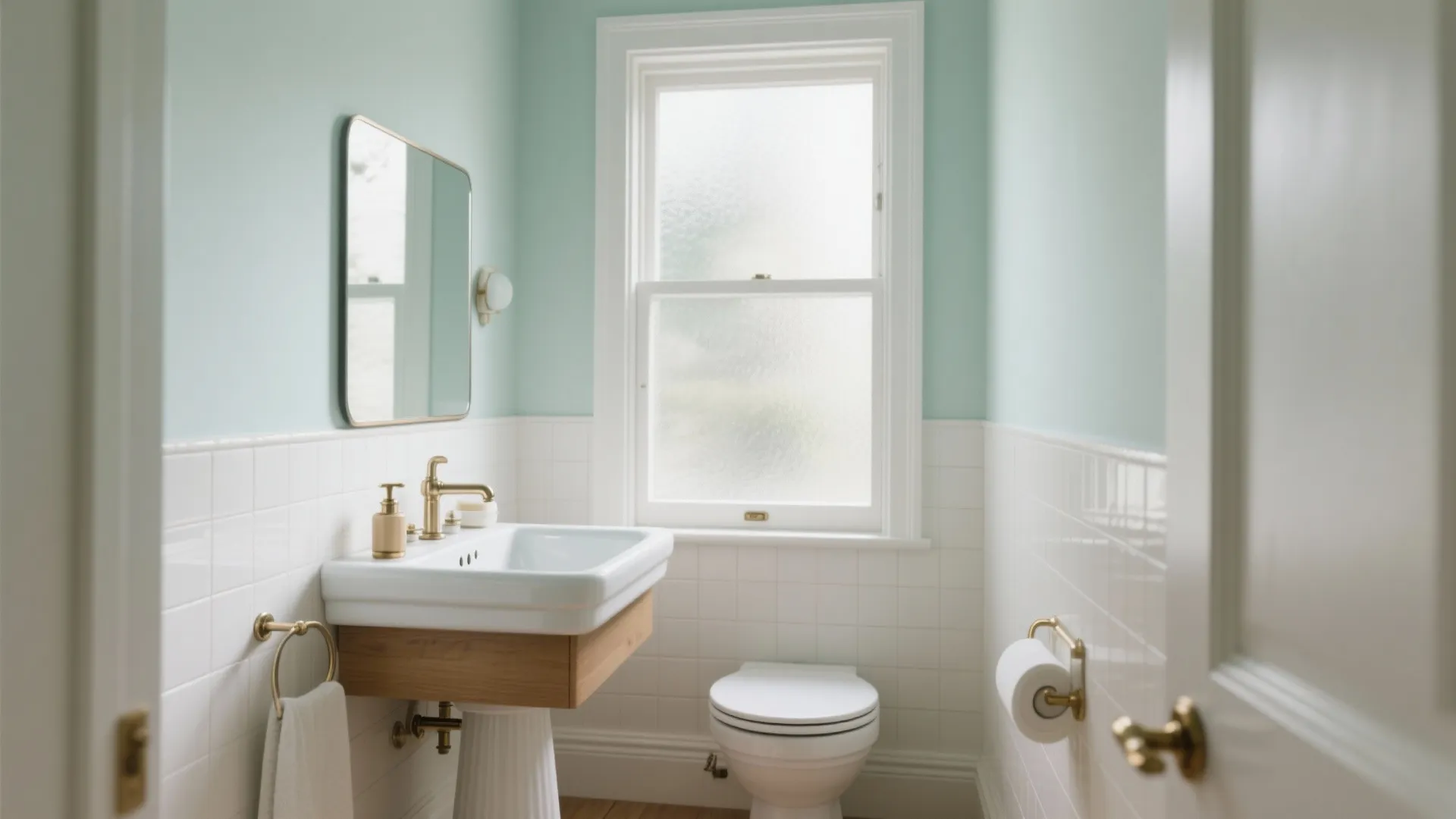 Mint green bathroom with white tiles white sink gold faucet square mirror and frosted glass window