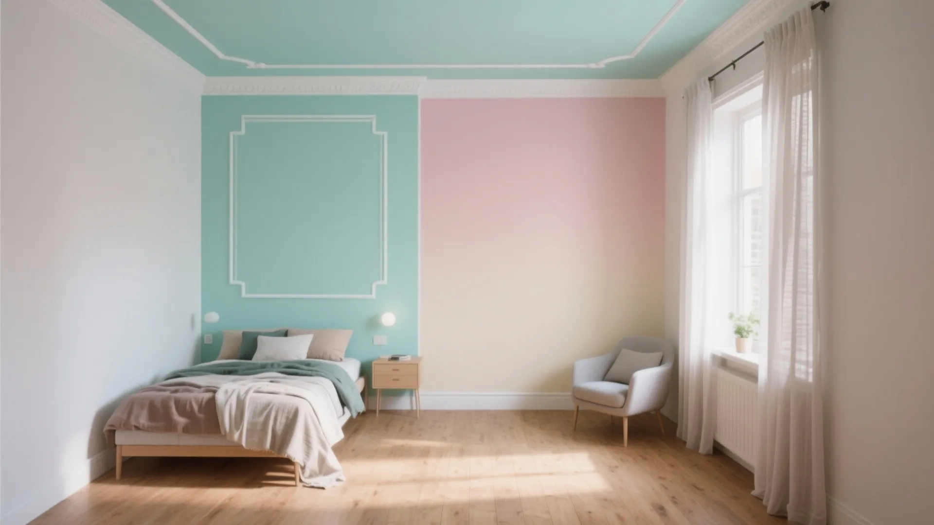 Bedroom with pastel green and pink walls, wooden floor, bed, grey chair, and white curtains