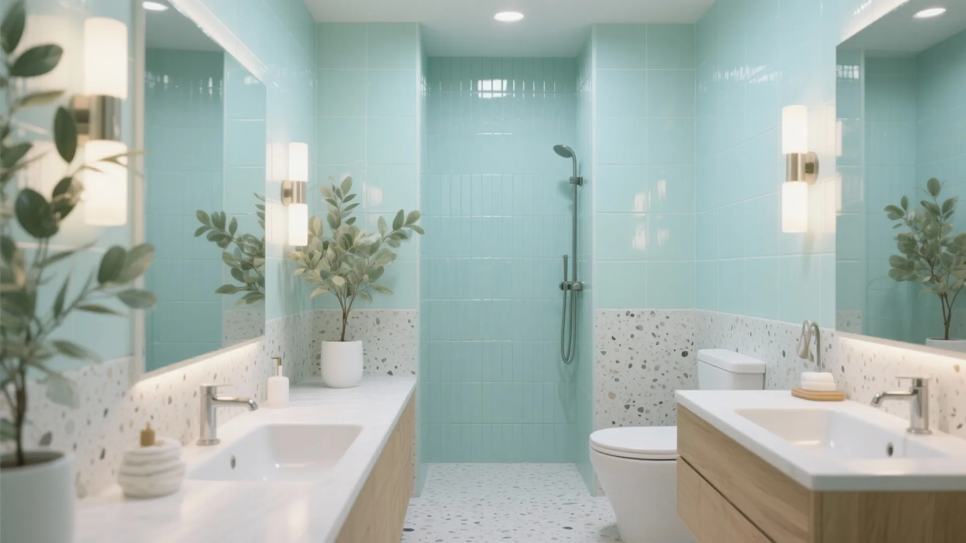 Modern bathroom with light blue tiles, wooden cabinets, two sinks, mirrors, wall lights and plants