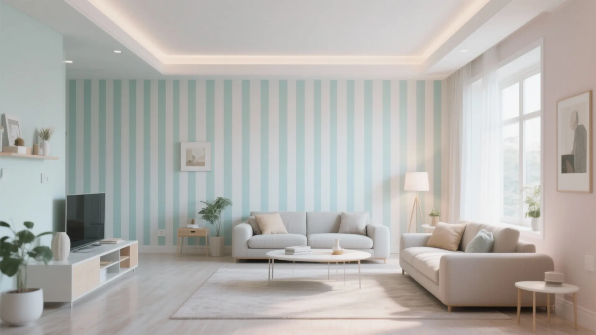 Modern living room featuring blue striped wallpaper with white sofa and round coffee table and plants