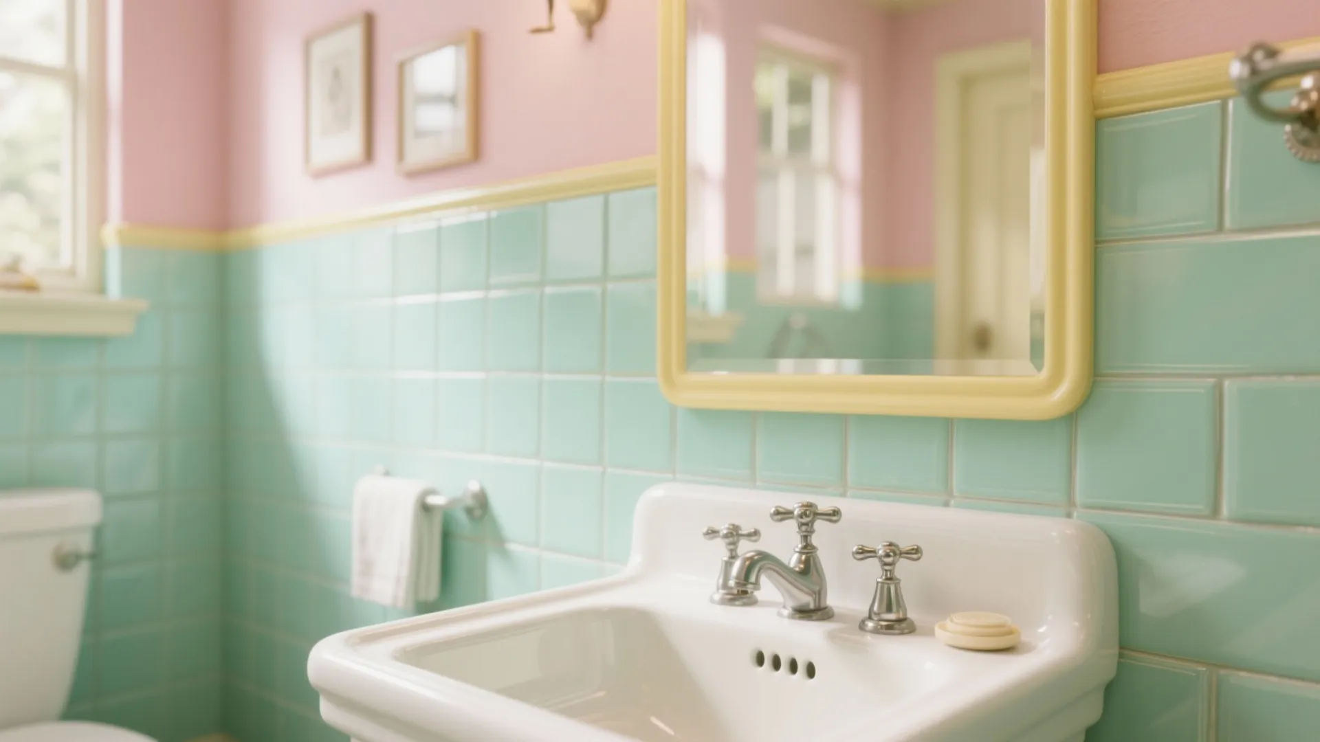 Vintage bathroom with mint green pastel subway tiles in vertical layout