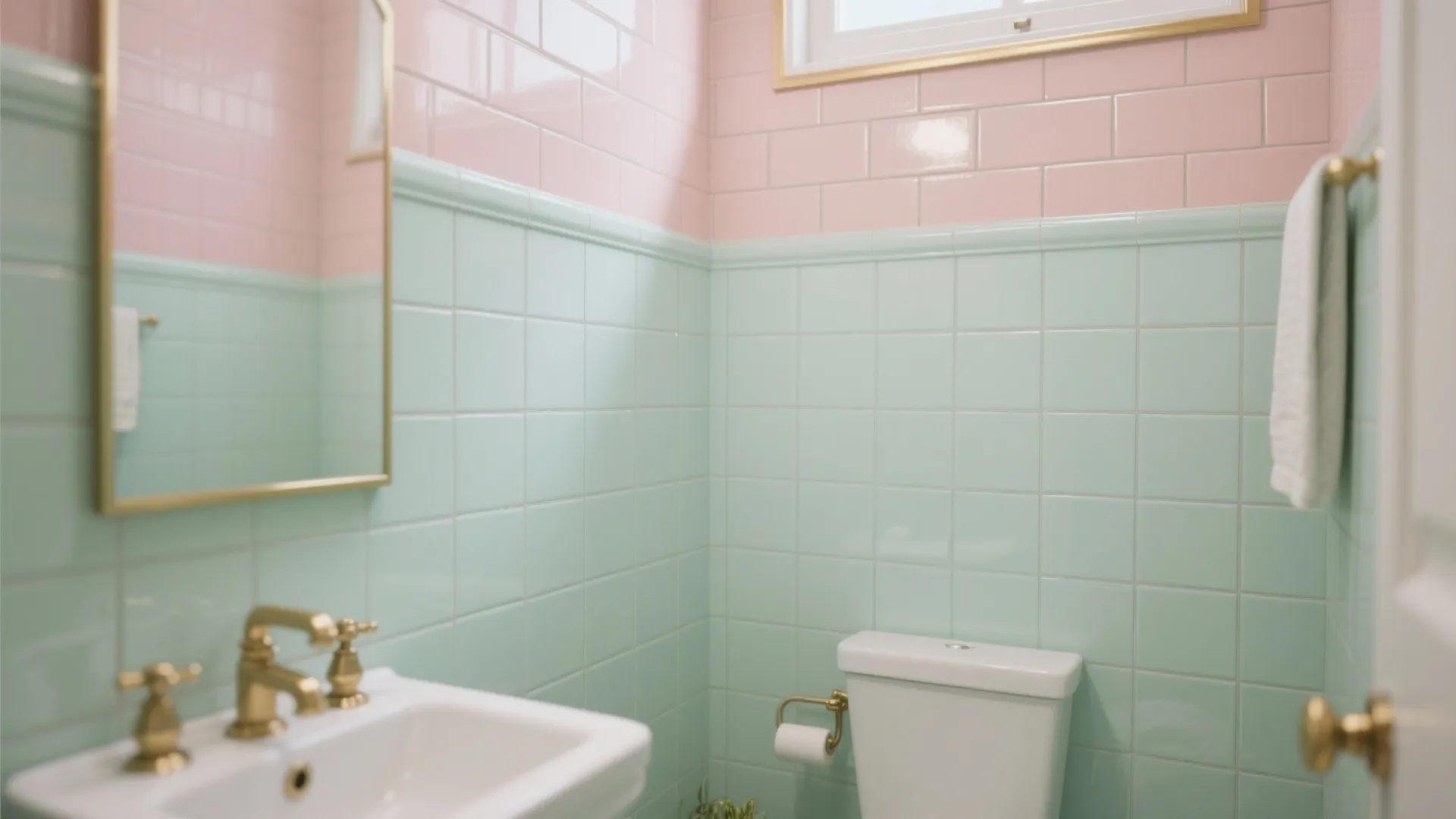 Small bathroom with pink and light green wall tiles a white toilet and gold fixtures