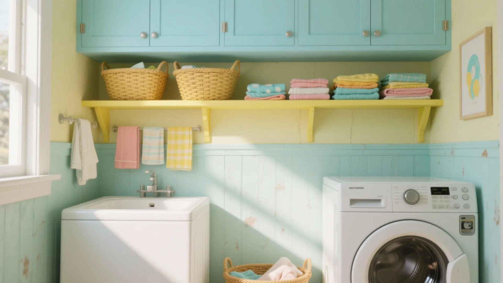 Small laundry room with soft pastel blues and a pale lemon accent shelf, creating a cheerful, fresh space.