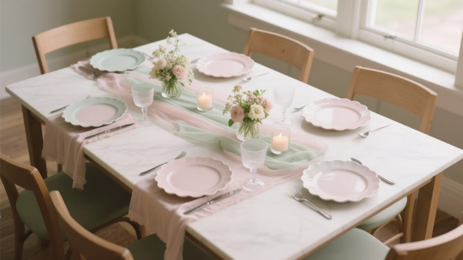 White dining table set with pastel pink plates green fabric runner small flowers and candles