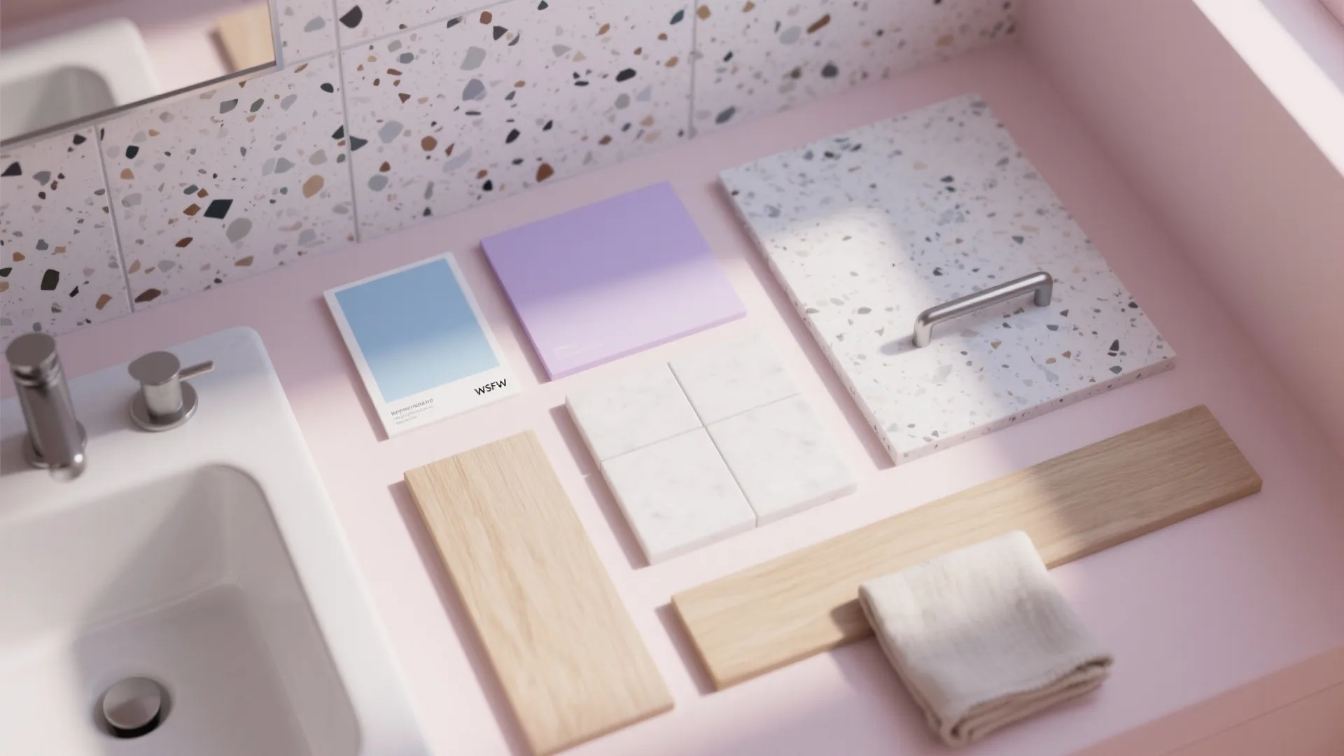 4) Soft Pastels with Terrazzo or Speckled Stone