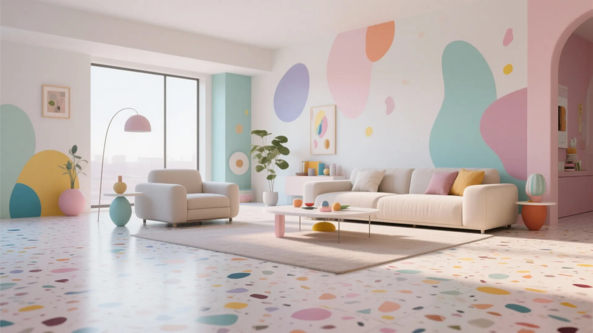 Modern living room with pastel wall art colorful terrazzo floor white sofa and natural light