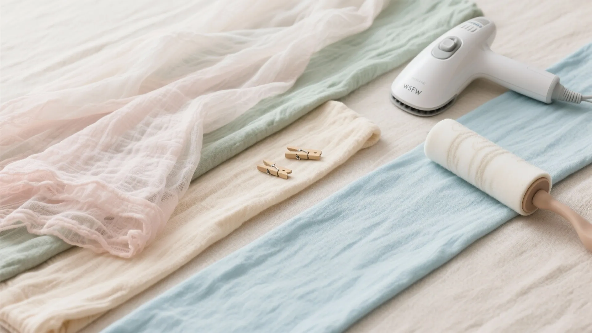 Pastel textile flatlay with muslin, gauze, and a cotton runner for a calm, gender-neutral baby welcome decoration palette.