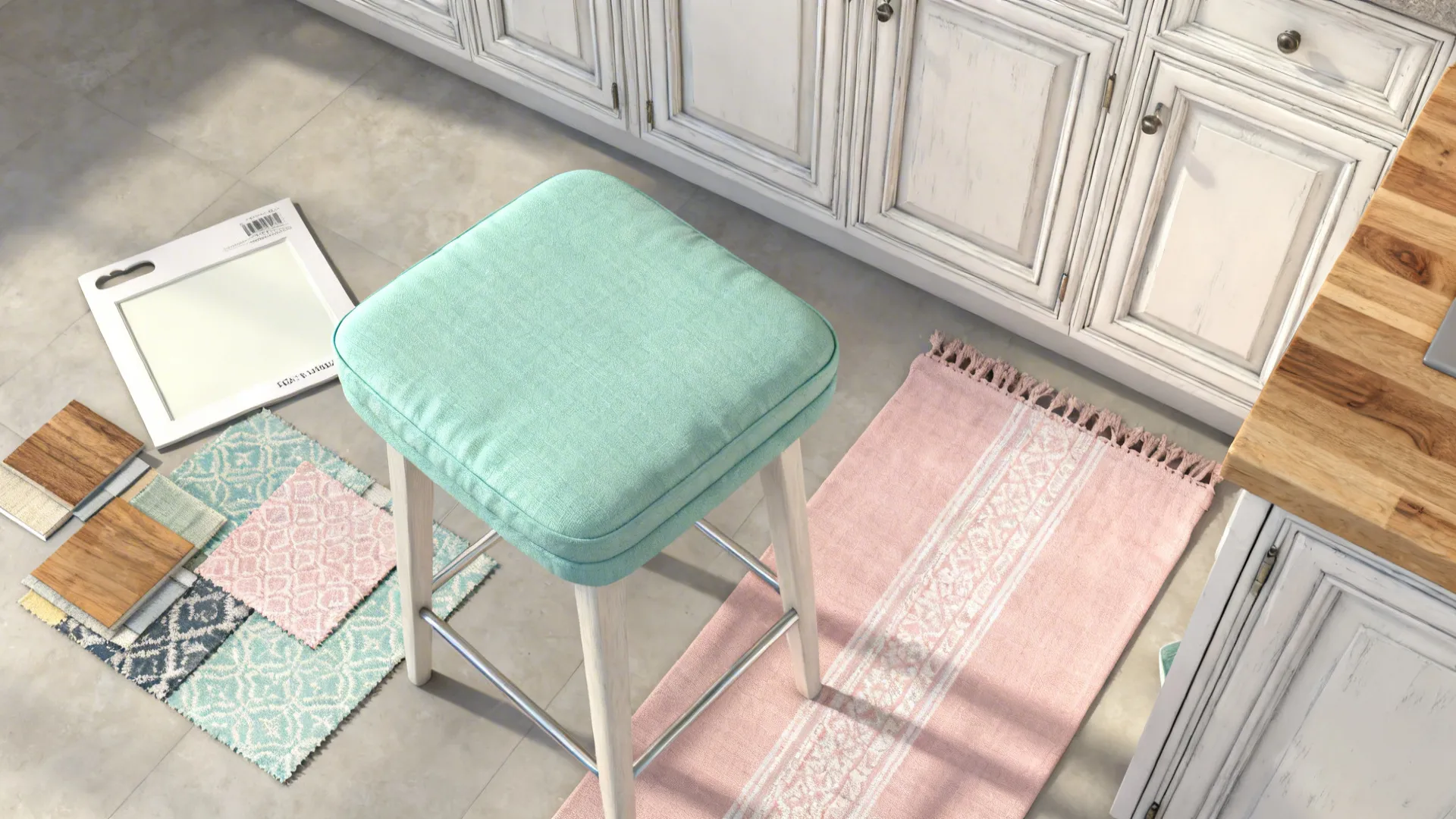 Flatlay of pastel kitchen textiles and material samples paired with antique white paint swatch