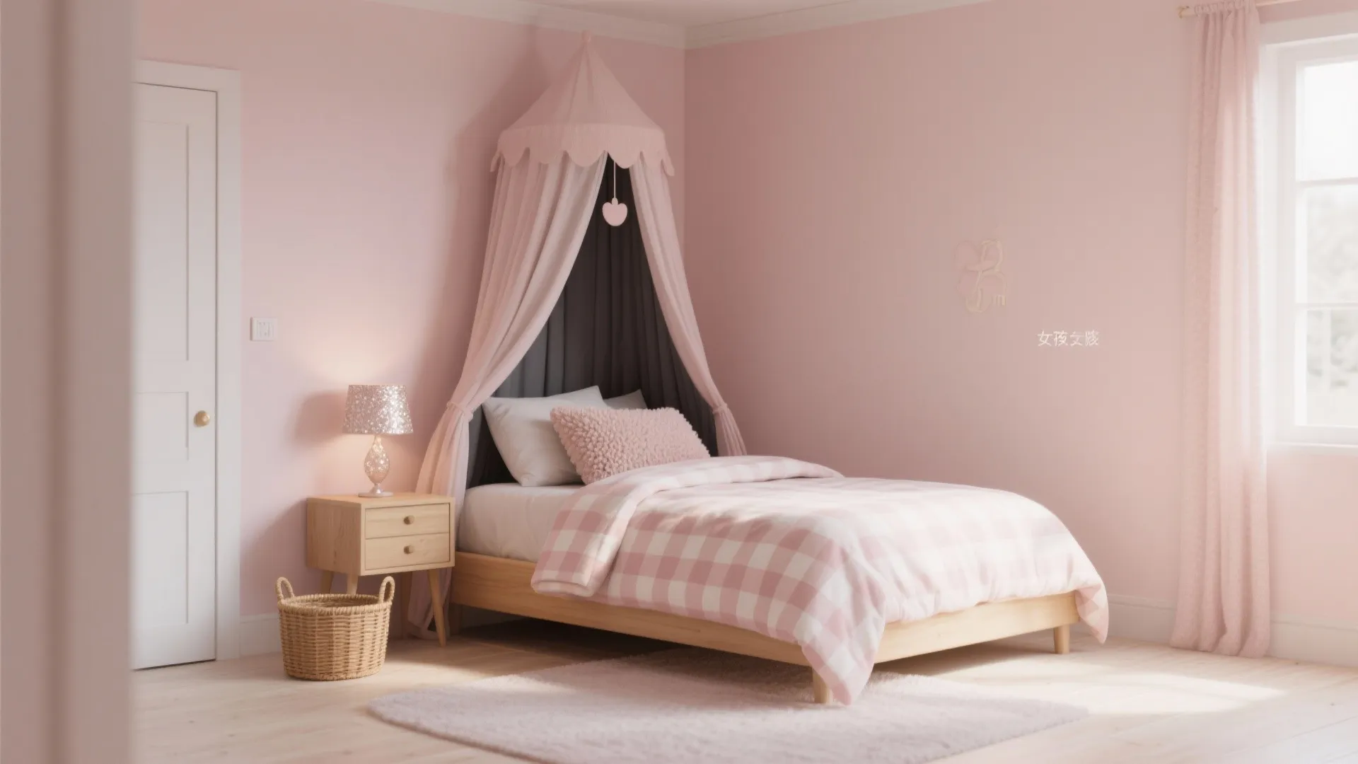 Pink girls bedroom featuring wooden bed pink check bedding canopy bed light and small basket
