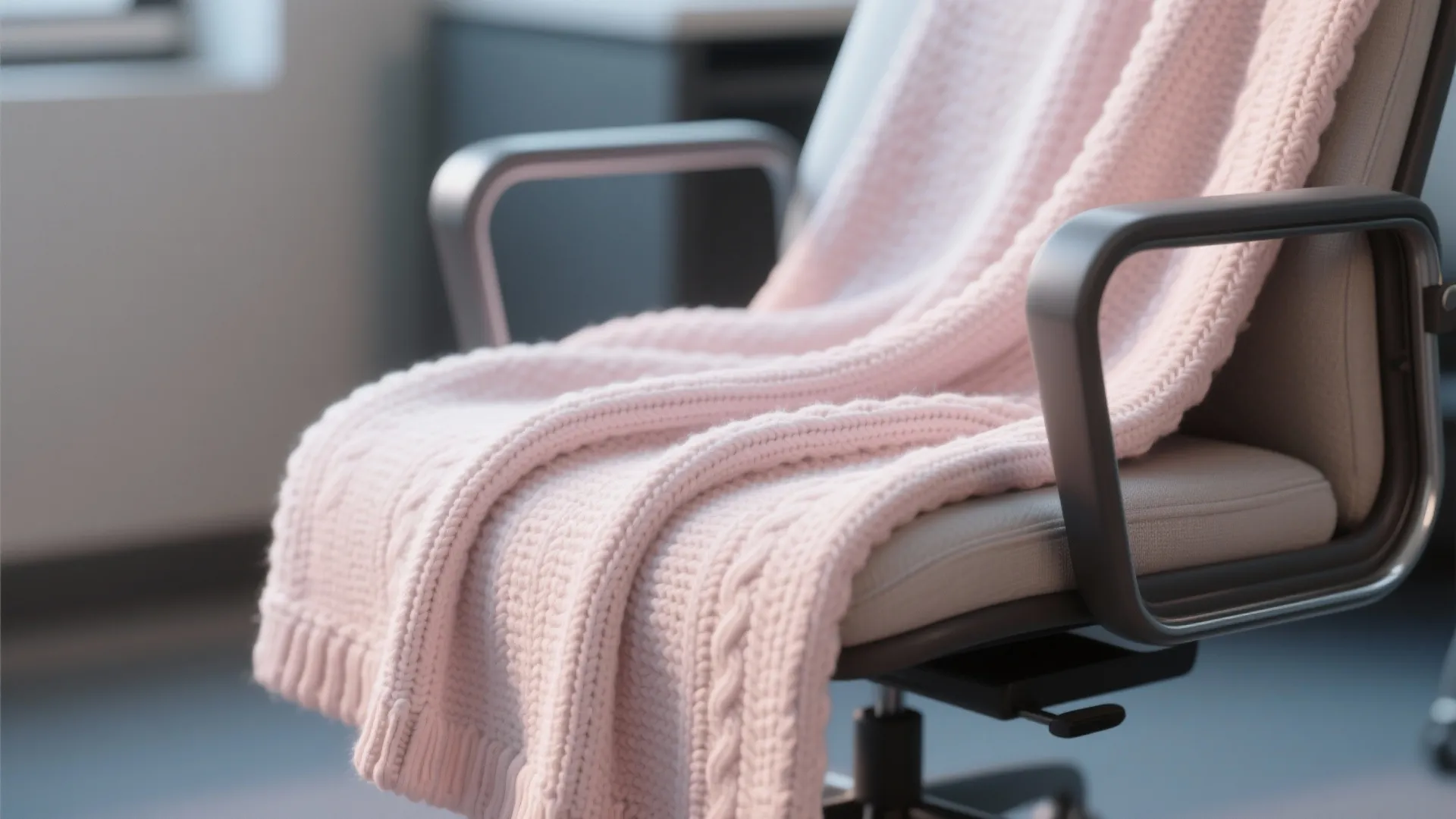 Light pink knitted blanket draped over grey office chair in bright modern workspace with light