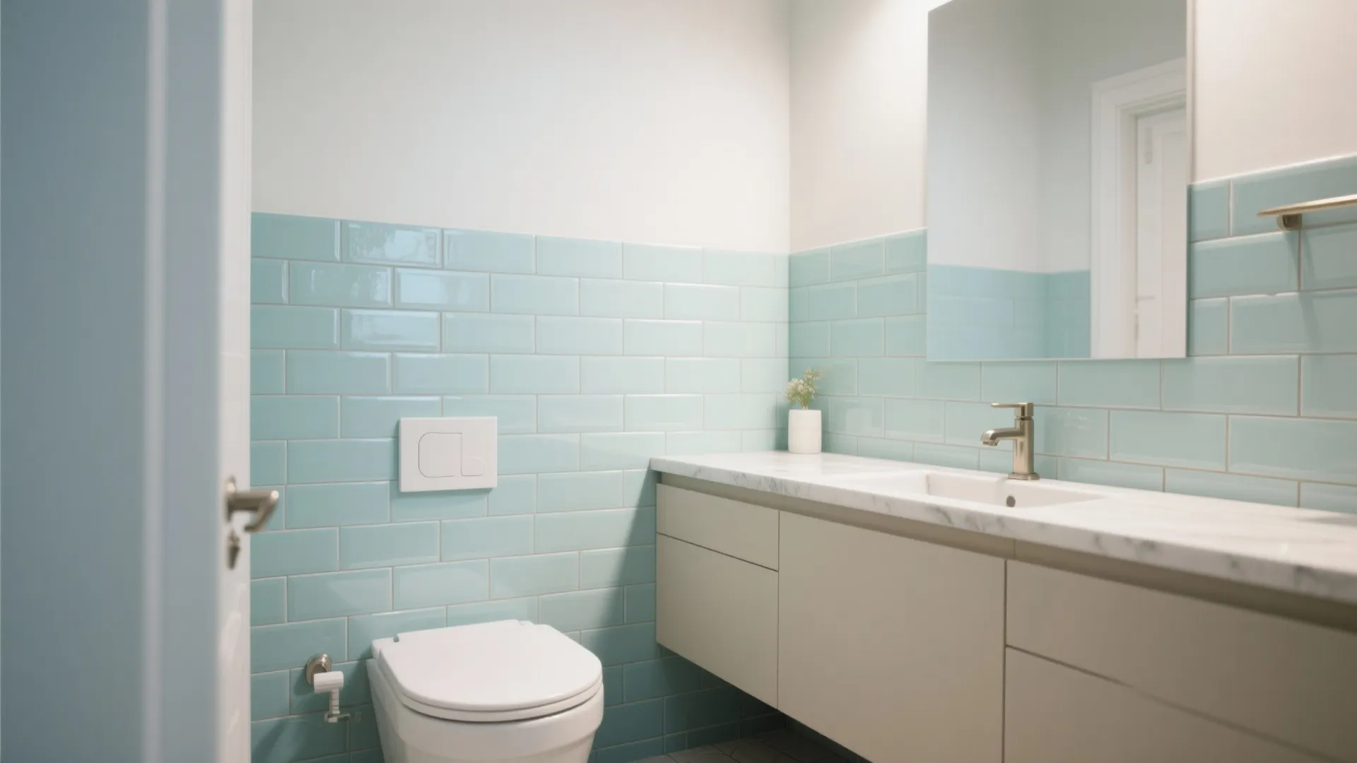 Modern bathroom with light blue wall tiles white toilet and a long white storage cabinet