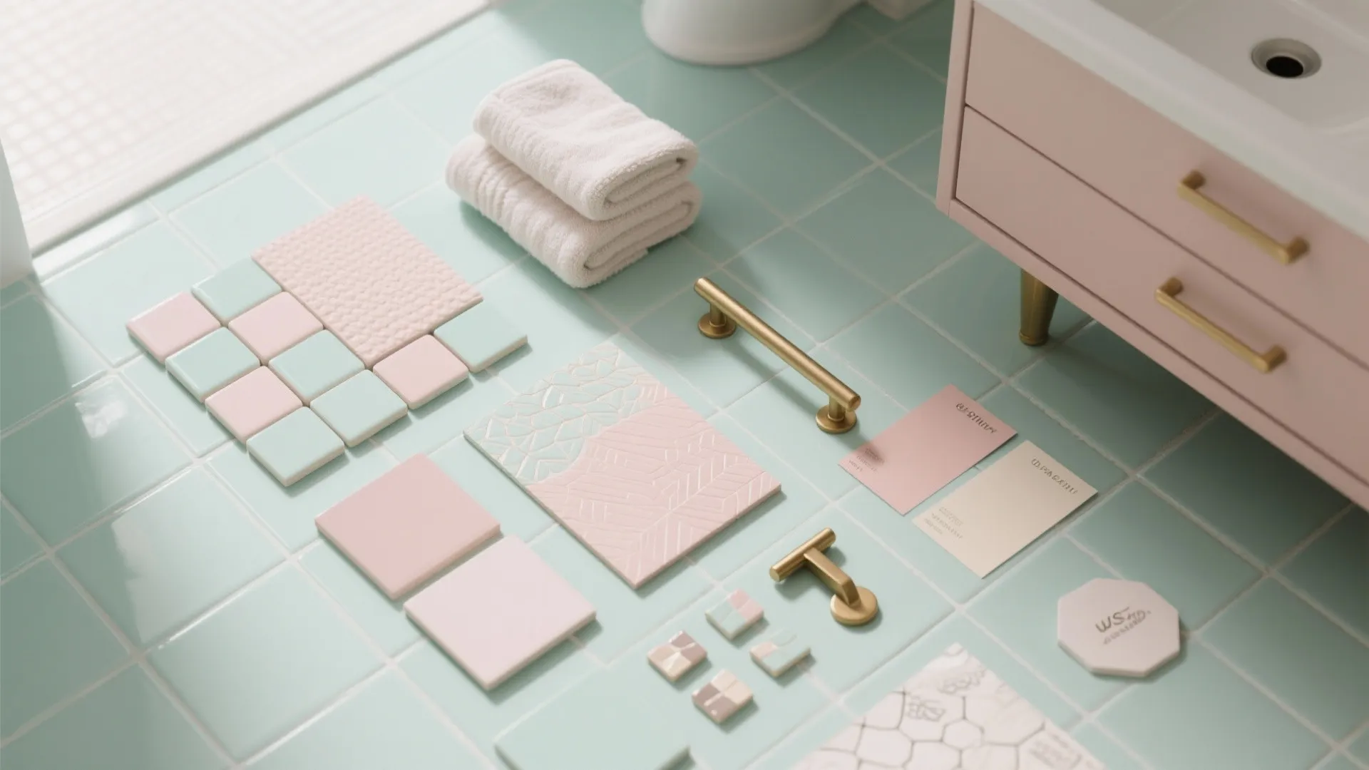 Collection of pink and green floor tiles towels and gold handles on light blue floor