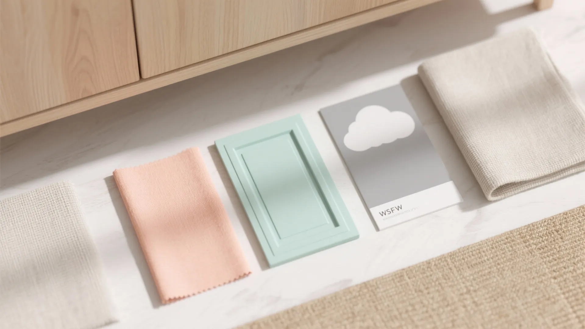 Pastel design samples with pink fabric green wall panel and grey card on white floor