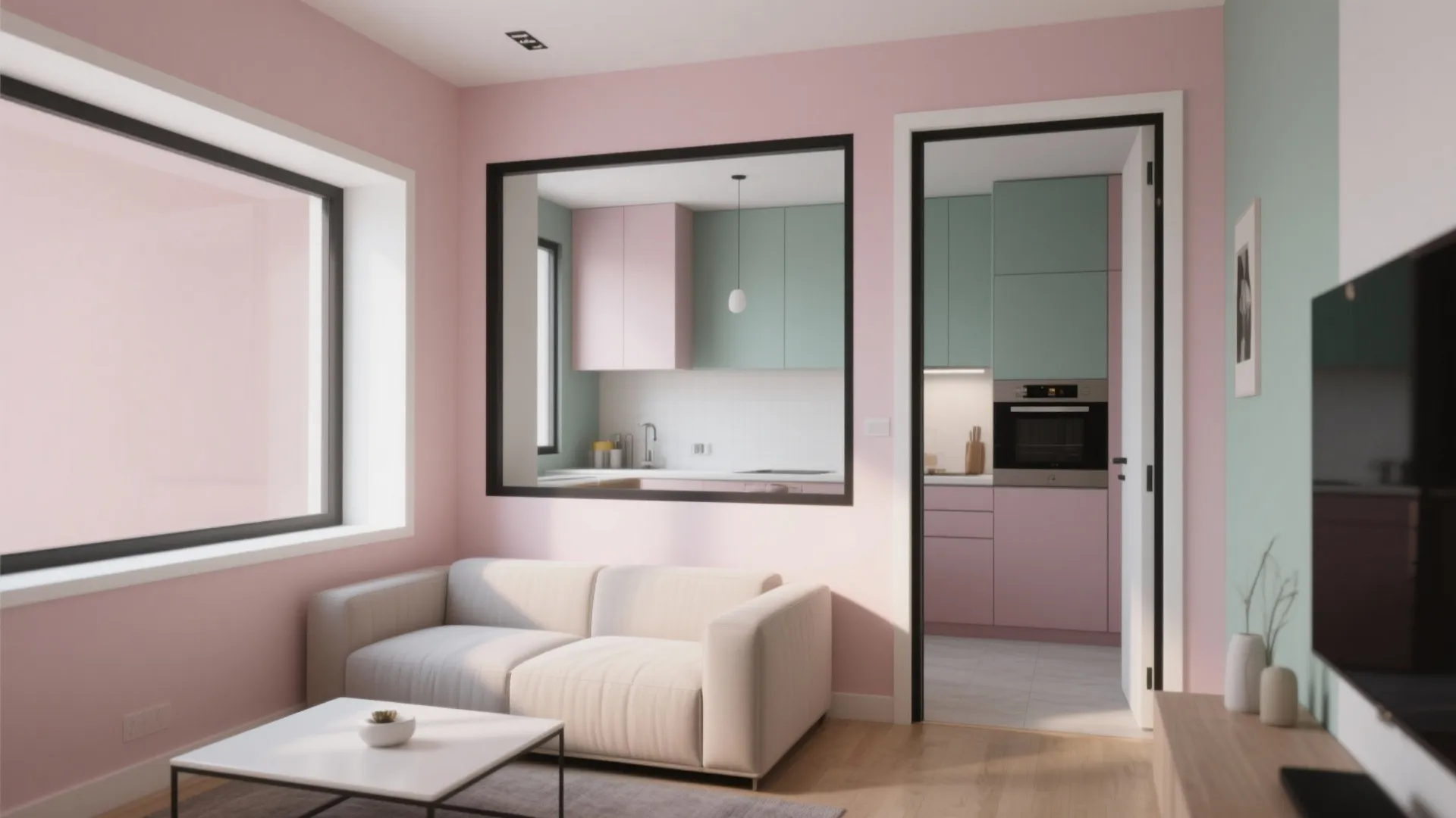 Living room with soft pastel walls and crisp high-contrast trim connecting to a coordinated kitchen