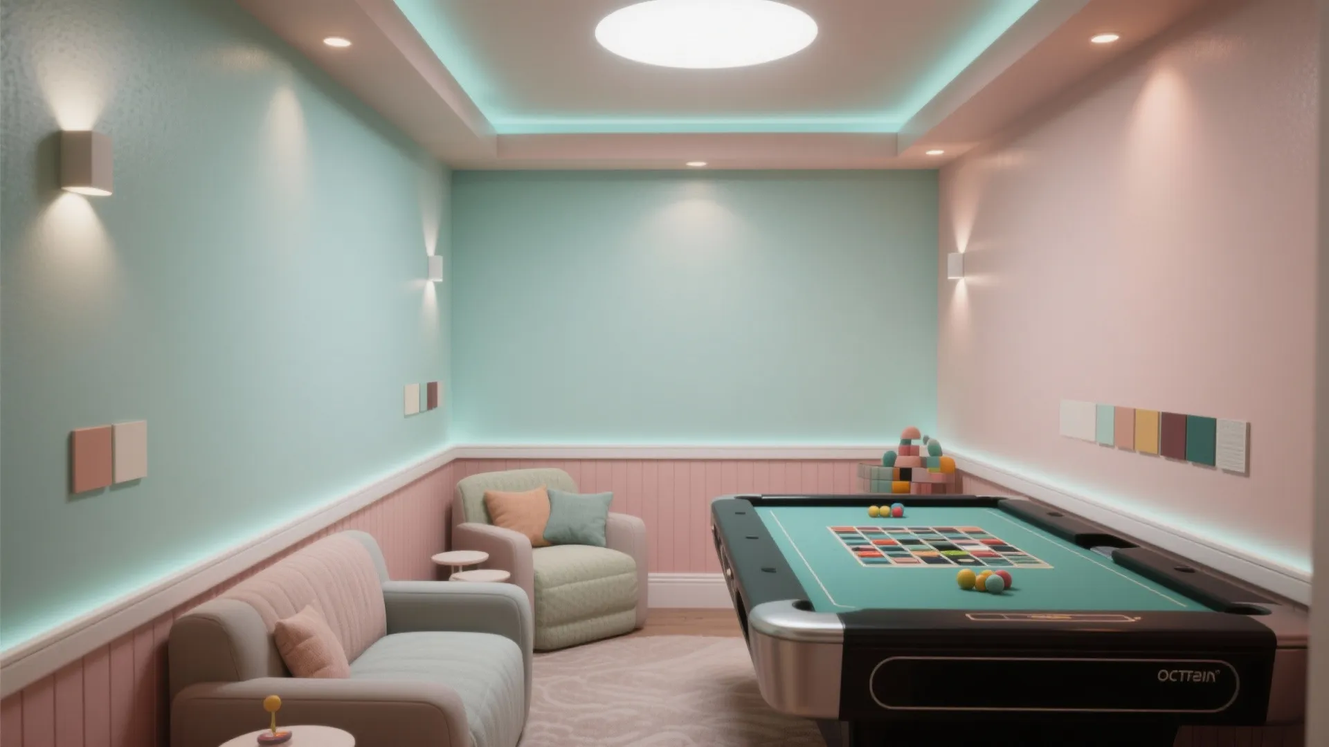 Playful game room with pastel pink and blue walls featuring a pool table and sofa